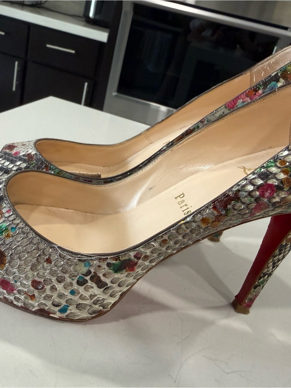 Christian Louboutin Multicolor Snakeskin Peep-Toe Pumps with Bright Accents - Picture 7 of 8